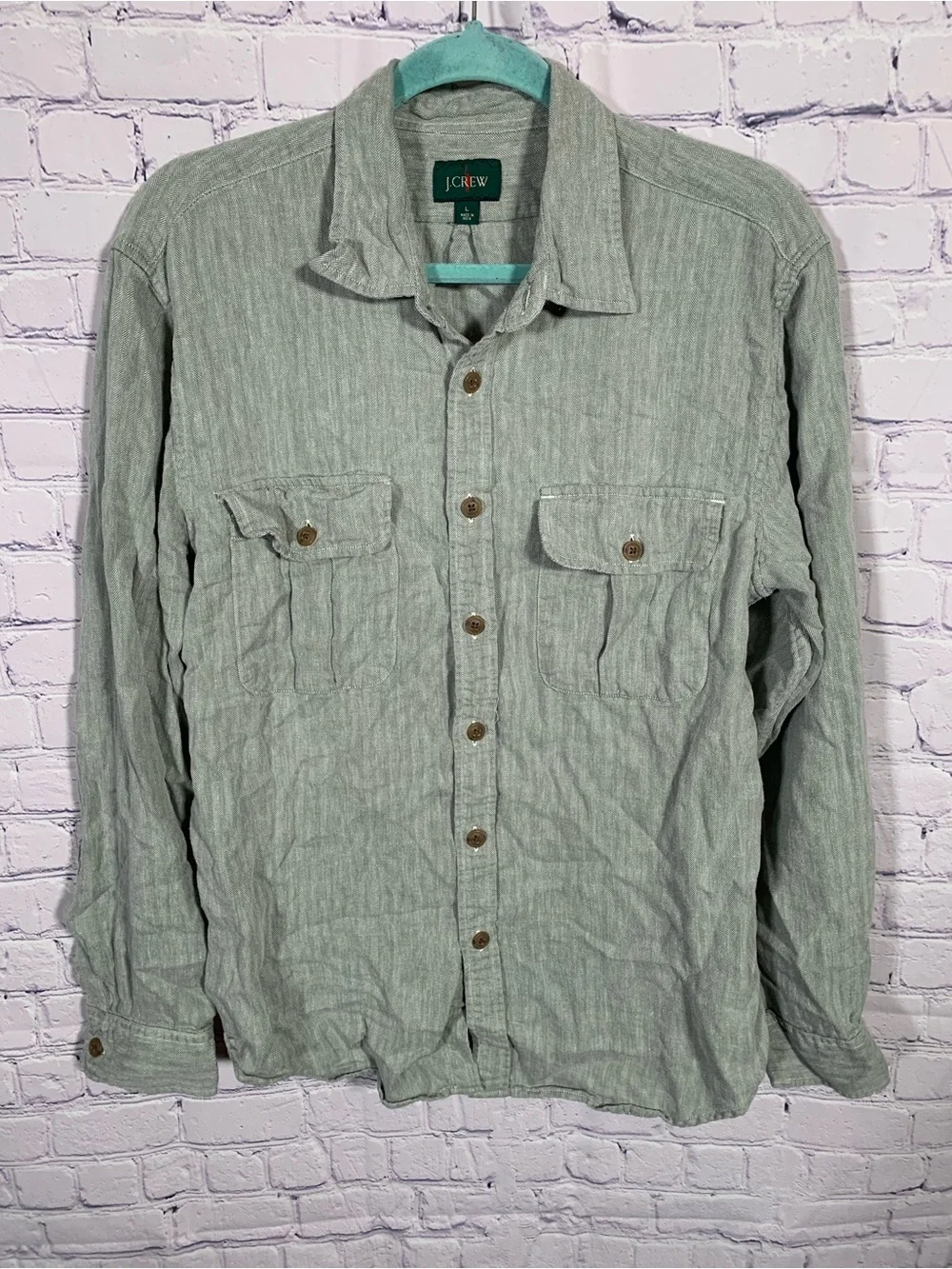 J.Crew Mens Linen Blend Herringbone Button Down Size L Green Gray Preppy Casual